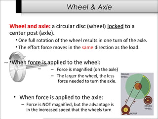 Wheel & Axle 
Wheel and axle: a circular disc (wheel) locked to a 
center post (axle). 
• One full rotation of the wheel results in one turn of the axle. 
• The effort force moves in the same direction as the load. 
•When force is applied to the wheel: 
– Force is magnified (on the axle) 
– The larger the wheel, the less 
force needed to turn the axle. 
• When force is applied to the axle: 
– Force is NOT magnified, but the advantage is 
in the increased speed that the wheels turn 
 