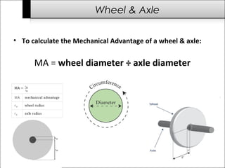 Wheel & Axle 
• To calculate the Mechanical Advantage of a wheel & axle: 
MA = wheel diameter ÷ axle diameter 
 