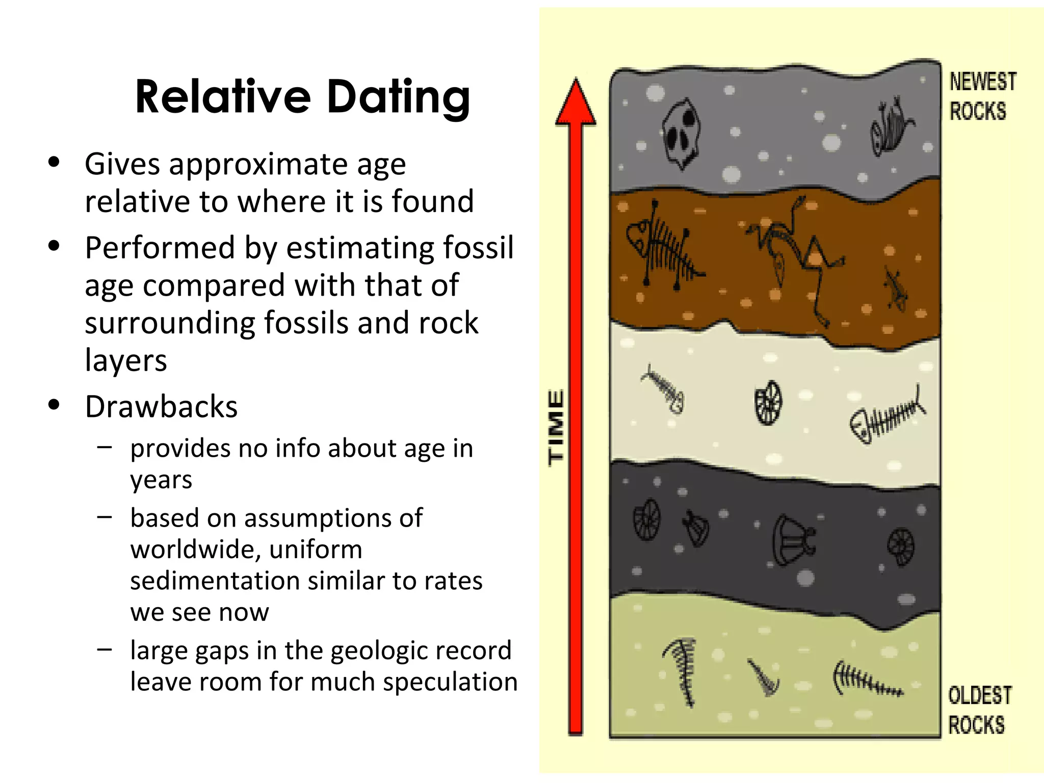 Relative Dating 
• Gives approximate age 
relative to where it is found 
• Performed by estimating fossil 
age compared with that of 
surrounding fossils and rock 
layers 
• Drawbacks 
– provides no info about age in 
years 
– based on assumptions of 
worldwide, uniform 
sedimentation similar to rates 
we see now 
– large gaps in the geologic record 
leave room for much speculation 
 