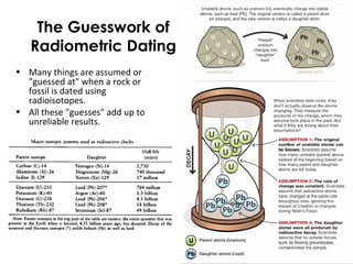 The Guesswork of 
Radiometric Dating 
• Many things are assumed or 
"guessed at" when a rock or 
fossil is dated using 
radioisotopes. 
• All these "guesses" add up to 
unreliable results. 
• Different elements are used for 
different time periods based on 
their rate of decay 
– circular verification 
 