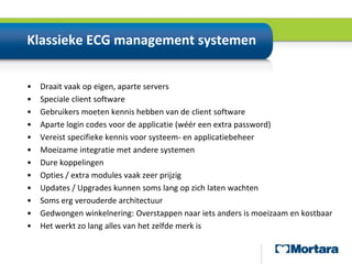 Klassieke ECG management systemenDraait vaak op eigen, aparte serversSpeciale client software Gebruikers moeten kennis hebben van de client software Aparte login codes voor de applicatie (wéér een extra password)Vereist specifieke kennis voor systeem- en applicatiebeheerMoeizame integratie met andere systemenDure koppelingenOpties / extra modules vaak zeer prijzigUpdates / Upgrades kunnen soms lang op zich laten wachtenSoms erg verouderde architectuurGedwongen winkelnering: Overstappen naar iets anders is moeizaam en kostbaarHet werkt zo lang alles van het zelfde merk is