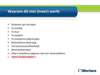 Waarom dit niet (meer) werktSystemen zijn niet openTe moeilijkTe duurTe exotischTe moeilijk te onderhoudenBeheerkennis vloeit weg(Te) leveranciersafhankelijkSlecht beheersbaarData is moeilijk te migreren naar een nieuw platformGEEN STANDAARDEN !!