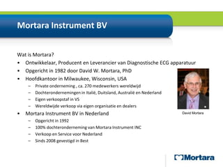 Mortara Instrument BVWat is Mortara?Ontwikkelaar, Producent en Leverancier van Diagnostische ECG apparatuurOpgericht in 1982 door David W. Mortara, PhDHoofdkantoor in Milwaukee, Wisconsin, USAPrivate onderneming , ca. 270 medewerkers wereldwijdDochterondernemingen in Italië, Duitsland, Australië en NederlandEigen verkoopstaf in VSWereldwijde verkoop via eigen organisatie en dealersMortara Instrument BV in NederlandOpgericht in 1992100% dochteronderneming van Mortara Instrument INCVerkoop en Service voor NederlandSinds 2008 gevestigd in BestDavid Mortara
