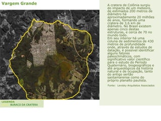 Vargem Grande A cratera de Colônia surgiu
do impacto de um meteoro,
de estimados 200 metros de
diâmetro há
aproximadamente 20 milhões
de anos, formando uma
cratera de 3,6 km de
diâmetro. No Brasil existem
apenas cinco destas
estruturas, e cerca de 70 no
mundo todo.
Em seu interior há uma
coluna de sedimentos de 430
metros de profundidade
onde, através de estudos de
datação, é possível identificar
alguns fatores
paleoclimáticos, com
significativo valor científico
para o estudo do Período
Quaternário, biogeográficos e
até arqueológicos da história
natural e de ocupação, tanto
do antigo sertão
santamarense como do
próprio planalto paulista.
Fonte: Levisky Arquitetos Associados
LEGENDA
------ BURACO DA CRATERA
 