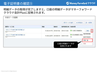 © Money Forward Inc. All Rights Reserved
電⼦証明書の確認⑤
明細データの取得が完了しますと、⼝座の明細データがマネーフォワード
クラウド会計Plusに反映されます。
⼝座の明細データが
反映されます
 