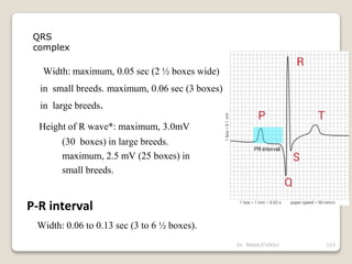Dr. Bibek/CVASU 103
Width: maximum, 0.05 sec (2 ½ boxes wide)
in small breeds. maximum, 0.06 sec (3 boxes)
in large breeds.
Height of R wave*: maximum, 3.0mV
(30 boxes) in large breeds.
maximum, 2.5 mV (25 boxes) in
small breeds.
P-R interval
Width: 0.06 to 0.13 sec (3 to 6 ½ boxes).
QRS
complex
 