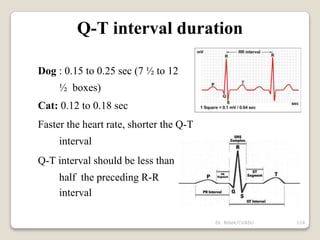 Dr. Bibek/CVASU 114
Q-T interval duration
Dog : 0.15 to 0.25 sec (7 ½ to 12
½ boxes)
Cat: 0.12 to 0.18 sec
Faster the heart rate, shorter the Q-T
interval
Q-T interval should be less than
half the preceding R-R
interval
 