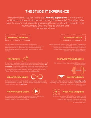 Classroom Conditions
HU Shoutouts
Improve Study Space
HU Promotional Videos Who’s Next Campaign
Internship Emails
Improving Workout Spaces
Customer Service
We will have a comprehensive review of classroom
conditions across campus and present our finding to Facilities
Management. We will then conduct a restoration initiative:
prioritizing the restoration process of each academic hall on
campus.
If you have a good experience with an administrator, faculty, or staff
we think everyone should know about it. We will publish weekly “HU
Shoutouts” in the Hilltop, publicising and encouraging good customer
service actions. You would state the individual’s name, position, and
a short description of the individual and the person with the most
“Shout Outs” will get an award at the annual Bison Ball.
In the absence of the Undergraduate Library, other spaces need
to be available for students to utilize. We are committed to making
Health Sciences open up 24 hours.
In the aim of attracting top tier students to Howard University
and increasing our national ranking, we will produce
Howard University promotional videos.
Similar to the national “Who’s Who” campaign, we will
start a campaign to find those Howard
Students who are making exceptional strides
in their personal career as well
as in the community.
Each week HUSA will send out general internship emails
pertaining to all schools and colleges to students who are
looking for job or internship opportunities
in the DC area.
We are committed to providing a 24 hour workout
space on campus.
We will create the Howard University Student Engagement
and Customer Service (HUSECS) initiative is to identify
opportunities and implement strategies to improve
faculty/student/staff relationships, communication,
systems, culture and expectations.
Revered as much as her name, the “Howard Experience” is the memory
of Howard that we will all take with us long after we’ve left The Hilltop. We
want to ensure that students graduating the university with Howard in their
highest regard and returning as exultant and
benevolent alumni.
THE STUDENT EXPERIENCE
 