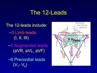 The 12-Leads
The 12-leads include:
–3 Limb leads
(I, II, III)
–3 Augmented leads
(aVR, aVL, aVF)
–6 Precordial leads
(V1- V6)
 