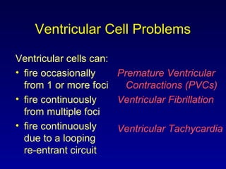Ventricular Cell Problems
Ventricular cells can:
• fire occasionally
from 1 or more foci
• fire continuously
from multiple foci
• fire continuously
due to a looping
re-entrant circuit
Premature Ventricular
Contractions (PVCs)
Ventricular Fibrillation
Ventricular Tachycardia
 