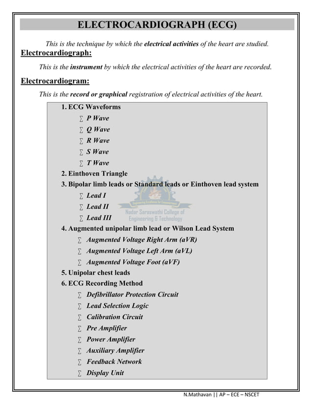 Ecg with image Medical Electronics Hints for Slow Learner PDF