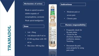 TRAMADOL Binds to opioid receptors
inhibit reuptake of
norepinephrine, serotonin
Weak opioid analgesics
• 1ml –50mg
• 1ml diluted with 9 ml ns
• If 100 mg dilute with 100
ml ns
• Max dose: 400 mg/day
Mechanism of action:
Dose
Nurses responsibility
Indications
• Moderate pain or
severe pain
• Chronic pain
• Frequently check for
the pain status
• Check for the
dizziness, headache,
confusion, nausea,
Vomiting
• Document the pain
score properly by using
pain scale
 