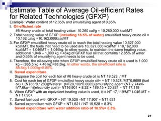 Estimate Table of Average Oil-efficient Rates
for Related Technologies (GFXP)
Example: Water content of 12.85% and emulsifying agent of 0.65%
I. Oil-efficient rate
    #6 Heavy crude oil total heating value: 10,260 cal/g = 10,260,000 kcal/MT
2. Total heating value of GFXP (including 18.5% of water) emulsified heavy crude oil =
    10,162 cal/g =10,162,000kcal/MT
3. For GFXP emulsified heavy crude oil to reach the total heating value 10,627,000
    kcal/MT, the fuels that need to be used are 10, 627,000 kcal/MT / 10,162,000
    kcal/MT = 1.046MT = 1,046kg. In other words, to maintain the same heating value,
    additional 1,046 – 1,000 kg = 46kg of GFXP fuel oil that contains 12.85% of water
    and 0.65% of emulsifying agent needs to be used.
4. Therefore, the oil-saving rate when GFXP emulsified heavy crude oil is used is 1,000
    kg – (865.5 kg + 46 kg)=88.5kg. In other words, the oil-efficient rate is
    88.5kg/1,000kg=8.85%.
II. Saved expenditure
    Suppose the cost for each ton of #6 heavy crude oil is NT 19,528 / MT
5. Cost for each ton of GFXP emulsified heavy crude oil= = NT 19,528 /MT*0.8655 (fuel
    oil) + (NT65*0.1280)(Water)+ (NT29,100*0.0065)(emulsifying agent)(NT 2.74kw-
    h*7.6kw- h)(electricity cost)= NT16,901 + 8.32 + 189.15 + 20.824 = NT 17,119
6. When GFXP with an equivalent heating value is used, it is NT 17,119/MT*1.046 MT =
    NT 17,907.
7. Saved fuel cost with GFXP = NT 19,528 –NT 17,907 = NT1,621
8. Saved expenditure with GFXP = NT1,621 / NT 19,528 = 8.3%
    Saved expenditure with water addition ratio of 18.5%= 8.3%.

                                                                                     27
 