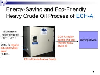 Energy-Saving and Eco-Friendly
    Heavy Crude Oil Process of ECH-A

 Raw material
 heavy crude oil
 (60 – 100%)                                     ECH-A energy-
                                                 saving and eco-   Burning device
                                                 friendly heavy
Water or organic                                 crude oil
industrial waste
water
(0-40%)

                   ECH-A Emulsification Device



                                                                             7
 
