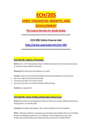 ECH/205
EARLY CHILDHOOD GROWTH AND
DEVELOPMENT
The Latest Version A+ Study Guide
**********************************************
ECH 205 Entire Course Link
http://www.uopstudy.com/ech-205
**********************************************
ECH 205 Wk 1 Matrix of Theorists
Refer to Ch. 3 of Fundamentals of Early Childhood Education and the University Library
to choose six early childhood theorists.
Research the internet for the definition of a matrix.
Create a matrixof six theorists that briefly describes the following for each theorist:
 His or her major contributions to the field
 The theory for which he or she is known
 How his or her work has influenced early childhood today
Submit your assignment.
ECH 205 Wk 1 Early Childhood Education Classrooms
Search the internet for photographs or videos of 19th-century early childhood classrooms,
kindergartens, or schoolhouses.
Consider the differences between 19th-century facilities and current facilities.
Write a 350-word reflection comparing and contrasting early facilities with current facilities.
Answer the following questions in your reflection: If you designed your own early
childhood education facility, what features would you be sure to include? Why?
 