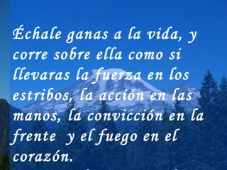 Échale ganas a la vida, y
corre sobre ella como si
llevaras la fuerza en los
estribos, la acción en las
manos, la convicción en la
frente y el fuego en el
corazón.
 