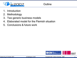 Outline Introduction Methodology Two generic business models Elaborated model for the Flemish situation Conclusions & future work 