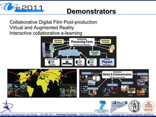 Demonstrators
        Collaborative Digital Film Post-production
        Virtual and Augmented Reality
        Interactive collaborative e-learning




Workshop “eContracting in the Clouds” – Oct 26th 2011 – Tommaso Cucinotta – Real-Time Systems Laboratory – Copyright 2011 Scuola Superiore Sant'Anna
 