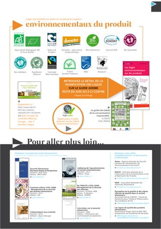 11N°22 - 2ème
trimestre 2013
Le guide des labels
de la consommation
responsable :
CLIQUEZ
SUR L’IMAGE
Édition : juin 2013
Les achats
Panorama des logos
sur des produits de
notre quotidien
Les logos
environnementaux
sur les produits
Comprendre
Agriculture Biologique AB
et Euro-feuille
Logos qui mettent en avant un ou plusieurs aspects
environnementaux du produit
Nature &
Progrès
Demeter - agriculture
biodynamique
Bio Cohérence
Bio Solidaire
Ecocert ESR
Rainforest
Alliance
Bio Équitable
Fairtrade
Max Havelaar
Forest
Garden Products
MSC Biodyvin
RETROUVEZ LE DÉTAIL DE LA
SIGNIFICATION DES LOGOS
SUR LE GUIDE ADEME
ÉDITÉ EN JUIN 2013 CI-CONTRE
Cliquez sur l’image
Egalement ici :
http://www.idei.fr/
fdir/wp-content/
uploads/2011/02/poret.
pdf pour le type de
contrôle effectué,
l’usage… des 5
premiers logos
A L I M E N T A T I O N
A G R I C U L T U R E
E N V I R O N N E M E N T
Normes de qualité dans
l’agro-alimentaire
Sylvaine Poret
INRA-ALISS & Ecole Polytechnique
Chaire FDIR - GT2
Les labels ISR
29 juin 2011
Pour aller plus loin...
De l'HACCP à l'ISO 22000 -
Management de la sécurité
des aliments
Parution : Octobre 2008
Auteur : O. Boutou
Editeur : AFNOR
plus d’infos ici
L’alimentation sous contrôle
Parution : 2012
Editeurs : Quae, Educagri
plus d’infos ici
Lobbying de l’agroalimentaire
et normes internationales
Parution : 2012
Editeur : Quae
plus d’infos ici
Comment utiliser l’ISO 22000
- Management de la sécurité
des denrées alimentaires
Parution : 2013
Editeur : ISO
plus d’infos ici
Sécurite Alimentaire.
Nouveaux Enjeux et Perspectives
Parution : Avril 2013
Editeur : BRUYLANT
plus d’infos ici
Livre blanc sur la sécurité
alimentaire
Parution : 2000
Editeur : Commission des
Communautés Européennes
plus d’infos ici
Quelques ouvrages par ordre de parution.
Cliquez sur les images pour accéder à plus d’informations en ligne.
Quelques sites utiles
complémentaires et documents
à télécharger
Anses - Agence nationale de sécurité
sanitaire de l’alimentation, de
l’environnement et du travail
Accéder au site www.anses.fr
DGCCF - Direction Générale de la
Concurrence, de la Consommation et de
la Répression des Fraudes
Accéder au site www.economie.gouv.fr
ANIA - Association Nationale des
Industries Alimentaires
Accéder au site www.ania.net
Perception de la qualité et des signes
officiels de qualité dans le secteur
alimentaire
Document pdf du CREDOC - Centre de
Recherche pour l’Etude et l’Observation
des Conditions de Vie
Télécharger le document sur www.credoc.fr
Les signes de qualité des produits
alimentaires
Présentation Power Point du BAC PRO
Restauration de l’Académie de Versailles
Télécharger le document sur
www.hotellerie-restauration.ac-versailles.fr
Application mobile
gratuite sur les labels
environnementaux !
 