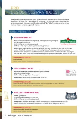 12 N°35 - 1er
trimestre 2018
PRIX
DES BONNES PRATIQUES
Il s’adresse à toutes les structures ayant mis en place une bonne pratique dans un domaine
spécifique : le leadership ; la stratégie ; le personnel ; les partenariats et ressources ; les
processus, produits et services (5 critères du modèle EFQM®).Ce Prix est organisé au niveau
national et dans certaines régions de France.
COTEAUX NANTAIS
Production et transformation de produits biologiques et biodynamiques
122 personnes àVertou (44)
Chiffre d’affaires : 19 millions d’€ en 2016
Chiffres : 6 sites de production, 2 points de vente, 5 marques
Distinctions : Prix du Meilleur produit bio de l’année 2017 pour le vinaigre de cidre et le jus pommes
vanille. Médaille de bronze au Concours Général Agricole de Paris 2017 pour la confiture extra de
framboises bio. 2ème
place auxTrophées régionaux du développement durable et de la RSE 2017 (région
des Pays de la Loire). Labels «Entrepreneurs + engagés» et «Bioentreprisedurable», obtenus en mars 2017.
RICA LEVY INTERNATIONAL
Textile - jeanswear
25 personnes au siège social à Carros (06)
Chiffre d’affaires : 13,5 millions d’€ en 2016
Distinctions : Label Max HAVELAAR. Certifié Business Social Compliance Initiative (B.S.C.I.).
Certifié ISO 9001 (en 2014). Label Entrepreneurs + engagés (2015). Gré d’Or de la FEEV.
SOFIA COSMETIQUES
Industrie cosmétique - parfums et produits pour la toilette
46 personnes à Carros (06)
Chiffre d’affaires : 8,9 millions d’€ en 2016
Distinctions : Certifications ISO 9001:2015 et ISO 22716
BONNE PRATIQUE ÉVALUÉE :
Projet NAODEN
Facteur EFQM® concerné : Partenariats et Ressources
BONNE PRATIQUE ÉVALUÉE :
Définition et mise en œuvre d’une politique RSE
Facteur EFQM® concerné : Stratégie
BONNE PRATIQUE ÉVALUÉE :
Gestion des stocks d’articles de conditionnement et de matières premières lors de leur utilisation
Facteur EFQM® concerné : Processus, Produits et Services
CATÉGORIE PME	
LAURÉAT
 