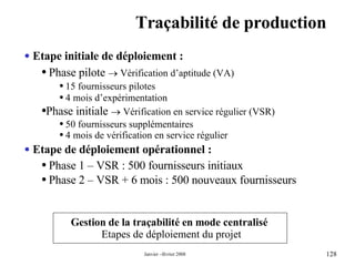Traçabilité de production Etape initiale de déploiement : Phase pilote    Vérification d’aptitude (VA) 15 fournisseurs pilotes 4 mois d’expérimentation Phase initiale    Vérification en service régulier (VSR) 50 fournisseurs supplémentaires 4 mois de vérification en service régulier  Etape de déploiement opérationnel : Phase 1 – VSR : 500 fournisseurs initiaux  Phase 2 – VSR + 6 mois : 500 nouveaux fournisseurs Gestion de la traçabilité en mode centralisé  Etapes de déploiement du projet 