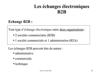 Les échanges électroniques B2B Echange B2B : Tout type  d’échange électronique  entre  deux organisations  : 2 sociétés commerciales (B2B) 1 société commerciale et 1 administration (B2A) Les échanges B2B peuvent être de nature : administrative commerciale technique 
