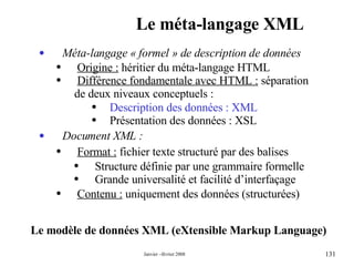 Le méta-langage XML Méta-langage « formel » de description de données Origine :  héritier du méta-langage HTML  Différence fondamentale avec HTML :  séparation de deux niveaux conceptuels : Description des données : XML Présentation des données : XSL  Document XML : Format :   fichier texte structuré par des balises  Structure définie par une grammaire formelle Grande universalité et facilité d’interfaçage Contenu :  uniquement des données (structurées) Le modèle de données XML (eXtensible Markup Language) 