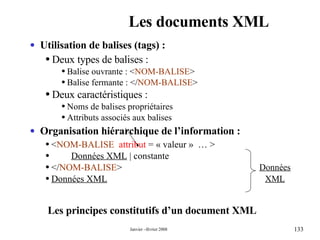 Les documents XML Utilisation de balises (tags) : Deux types de balises :  Balise ouvrante : < NOM-BALISE > Balise fermante : </ NOM-BALISE > Deux caractéristiques : Noms de balises propriétaires Attributs associés aux balises Organisation hiérarchique de l’information : < NOM-BALISE   attribut  = « valeur »  … >   Données XML  | constante </ NOM-BALISE > Données XML Les principes constitutifs d’un document XML Données XML 