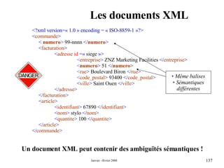 Les documents XML Un document XML peut contenir des ambiguïtés sémantiques ! <?xml version=« 1.0 » encoding = « ISO-8859-1 »?> < commande > <   numero >  99-nnnn  </ numero > < facturation > < adresse   id   =«  siege  »> < entreprise >  ZNZ Marketing Facilities  </ entreprise > < numero >  51  </ numero > < rue >  Boulevard Biron  </ rue > < code_postal >  93400  </ code_postal > < ville >  Saint Ouen  </ ville > </ adresse > </ facturation > < article > < identifiant >  67890  </ identifiant > < nom >  stylo  </ nom > < quantite >  100  </ quantite > </ article > </ commande > Même balises Sémantiques différentes 