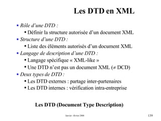 Les DTD en XML Les DTD (Document Type Description) Rôle d’une DTD : Définir la structure autorisée d’un document XML  Structure d’une DTD : Liste des éléments autorisés d’un document XML Langage de description d’une DTD : Langage spécifique « XML-like » Une DTD n’est pas un document XML (   DCD) Deux types de DTD : Les DTD externes : partage inter-partenaires Les DTD internes : vérification intra-entreprise 