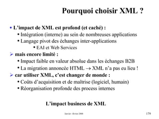 Pourquoi choisir XML ? L’impact business de XML L’impact de XML est profond (et caché) : Intégration (interne) au sein de nombreuses applications Langage pivot des échanges inter-applications EAI et Web Services mais encore limité : Impact faible en valeur absolue dans les échanges B2B La migration annoncée HTML    XML n’a pas eu lieu ! car utiliser XML, c’est changer de monde : Coûts d’acquisition et de maîtrise (logiciel, humain)  Réorganisation profonde des process internes 