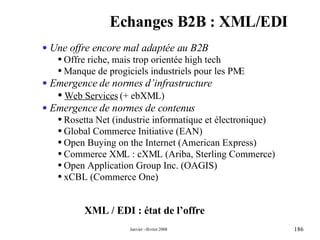 Echanges B2B : XML/EDI Une offre encore mal adaptée au B2B  Offre riche, mais trop orientée high tech Manque de progiciels industriels pour les PME Emergence de normes d’infrastructure  Web Services  (+ ebXML) Emergence de normes de contenus  Rosetta Net (industrie informatique et électronique) Global Commerce Initiative (EAN) Open Buying on the Internet (American Express) Commerce XML : cXML (Ariba, Sterling Commerce) Open Application Group Inc. (OAGIS) xCBL (Commerce One) XML / EDI : état de l’offre 