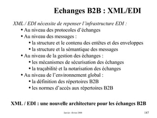 Echanges B2B : XML/EDI XML / EDI nécessite de repenser l’infrastructure EDI : Au niveau des protocoles d’échanges  Au niveau des messages : la structure et le contenu des entêtes et des enveloppes la structure et la sémantique des messages Au niveau de la gestion des échanges : les mécanismes de sécurisation des échanges la traçabilité et la notarisation des échanges  Au niveau de l’environnement global : la définition des répertoires B2B les normes d’accès aux répertoires B2B XML / EDI : une nouvelle architecture pour les échanges B2B 