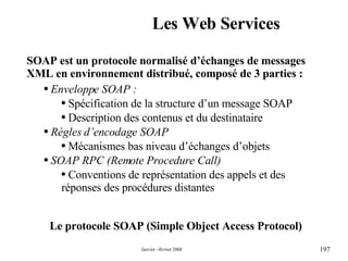 Les Web Services Le protocole SOAP (Simple Object Access Protocol) SOAP est un protocole normalisé d’échanges de messages XML en environnement distribué, composé de 3 parties : Enveloppe SOAP :  Spécification de la structure d’un message SOAP Description des contenus et du destinataire  Règles d’encodage SOAP Mécanismes bas niveau d’échanges d’objets SOAP RPC (Remote Procedure Call) Conventions de représentation des appels et des réponses des procédures distantes 