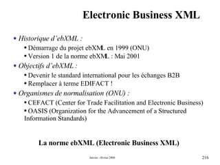 Electronic Business XML La norme ebXML (Electronic Business XML) Historique d’ebXML : Démarrage du projet ebXML en 1999 (ONU) Version 1 de la norme ebXML : Mai 2001 Objectifs d’ebXML : Devenir le standard international pour les échanges B2B Remplacer à terme EDIFACT ! Organismes de normalisation (ONU) : CEFACT (Center for Trade Facilitation and Electronic Business)  OASIS (Organization for the Advancement of a Structured Information Standards)  