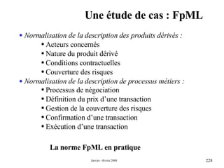 Une étude de cas : FpML La norme FpML en pratique Normalisation de la description des produits dérivés : Acteurs concernés Nature du produit dérivé Conditions contractuelles Couverture des risques  Normalisation de la description de processus métiers :  Processus de négociation Définition du prix d’une transaction Gestion de la couverture des risques  Confirmation d’une transaction Exécution d’une transaction 
