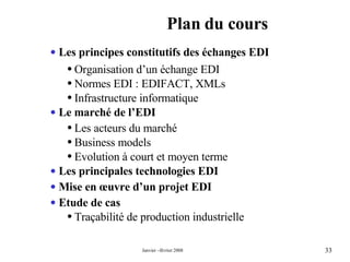 Plan du cours Les principes constitutifs des échanges EDI Organisation d’un échange EDI Normes EDI : EDIFACT, XMLs Infrastructure informatique Le marché de l’EDI Les acteurs du marché Business models Evolution à court et moyen terme  Les principales technologies EDI Mise en œuvre d’un projet EDI Etude de cas  Traçabilité de production industrielle 