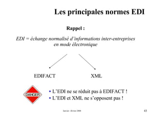 Les principales normes EDI Rappel : EDI = échange normalisé d’informations inter-entreprises en mode électronique XML EDIFACT L’EDI ne se réduit pas à EDIFACT ! L’EDI et XML ne s’opposent pas ! 