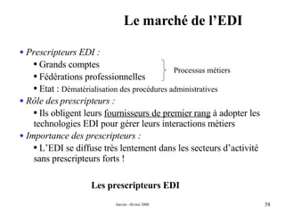 Le marché de l’EDI Les prescripteurs EDI Prescripteurs EDI : Grands comptes Fédérations professionnelles Etat :  Dématérialisation des procédures administratives Rôle des prescripteurs : Ils obligent leurs  fournisseurs de premier rang  à adopter les technologies EDI pour gérer leurs interactions métiers Importance des prescripteurs : L’EDI se diffuse très lentement dans les secteurs d’activité sans prescripteurs forts ! Processus métiers 