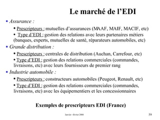 Le marché de l’EDI Exemples de prescripteurs EDI (France) Assurance : Prescripteurs :  mutuelles d’assurances (MAAF, MAIF, MACIF, etc) Type d’EDI :  gestion des relations avec leurs partenaires métiers (banques, experts, mutuelles de santé, réparateurs automobiles, etc) Grande distribution : Prescripteurs :  centrales de distribution (Auchan, Carrefour, etc) Type d’EDI :  gestion des relations commerciales (commandes, livraisons, etc) avec leurs fournisseurs de premier rang Industrie automobile : Prescripteurs :  constructeurs automobiles (Peugeot, Renault, etc) Type d’EDI :   gestion des relations commerciales (commandes, livraisons, etc) avec les équipementiers et les concessionnaires 