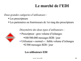 Le marché de l’EDI Les utilisateurs EDI Deux grandes catégories d’utilisateurs : Les prescripteurs Les partenaires ou fournisseurs de 1er rang des prescripteurs Dissymétrie des deux types d’utilisateurs :  Prescripteur : gros volume d’échanges  100/500.000 messages B2B / jour Utilisateur « normal » : faible volume d’échanges 2/300 messages B2B / jour 