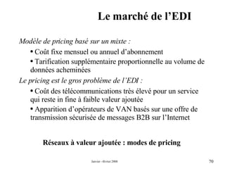 Le marché de l’EDI Modèle de pricing basé sur un mixte :  Coût fixe mensuel ou annuel d’abonnement  Tarification supplémentaire proportionnelle au volume de données acheminées Le pricing est le gros problème de l’EDI : Coût des télécommunications très élevé pour un service qui reste in fine à faible valeur ajoutée  Apparition d’opérateurs de VAN basés sur une offre de transmission sécurisée de messages B2B sur l’Internet  Réseaux à valeur ajoutée : modes de pricing 