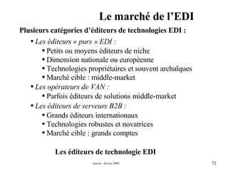 Le marché de l’EDI Les éditeurs de technologie EDI Plusieurs catégories d’éditeurs de technologies EDI : Les éditeurs « purs » EDI : Petits ou moyens éditeurs de niche  Dimension nationale ou européenne Technologies propriétaires et souvent archaïques Marché cible : middle-market  Les opérateurs de VAN : Parfois éditeurs de solutions middle-market  Les éditeurs de serveurs B2B : Grands éditeurs internationaux Technologies robustes et novatrices  Marché cible : grands comptes  