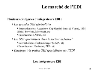 Le marché de l’EDI Les intégrateurs EDI Plusieurs catégories d’intégrateurs EDI : Les grandes SSII généralistes Internationales : Accenture, Cap Gemini Ernst & Young, IBM Global Services, Microsoft, etc Européennes : Altran, etc Les SSII spécialisées dans le secteur industriel Internationales : Schlumberger SEMA, etc Européennes : Euriware, PEA, etc Quelques très petites SSII spécialisées sur l’EDI 