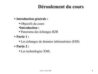 Déroulement du cours Introduction générale : Objectifs du cours Introduction : Panorama des échanges B2B Partie 1 : Les échanges de données informatisées (EDI) Partie 2 : Les technologies XML  