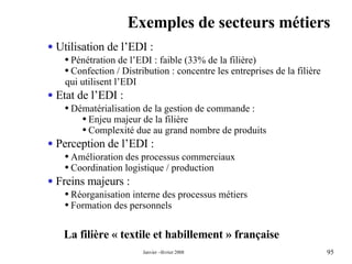 Exemples de secteurs métiers La filière « textile et habillement » française Utilisation de l’EDI : Pénétration de l’EDI : faible (33% de la filière) Confection / Distribution : concentre les entreprises de la filière qui utilisent l’EDI Etat de l’EDI : Dématérialisation de la gestion de commande :  Enjeu majeur de la filière Complexité due au grand nombre de produits Perception de l’EDI : Amélioration des processus commerciaux Coordination logistique / production Freins majeurs : Réorganisation interne des processus métiers Formation des personnels 