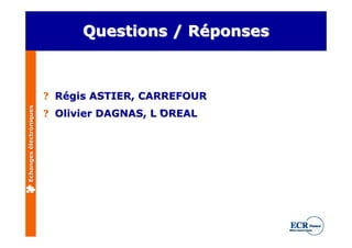 Questions / Réponses



                         ? Régis ASTIER, CARREFOUR
Echanges électroniques




                         ? Olivier DAGNAS, L’
                                            OREAL
 