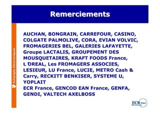 Remerciements

                         AUCHAN, BONGRAIN, CARREFOUR, CASINO,
                         COLGATE PALMOLIVE, CORA, EVIAN VOLVIC,
                         FROMAGERIES BEL, GALERIES LAFAYETTE,
Echanges électroniques




                         Groupe LACTALIS, GROUPEMENT DES
                         MOUSQUETAIRES, KRAFT FOODS France,
                         L’
                          OREAL, Les FROMAGERS ASSOCIES,
                         LESIEUR, LU France, LUCIE, METRO Cash &
                         Carry, RECKITT BENKISER, SYSTEME U,
                         YOPLAIT
                         ECR France, GENCOD EAN France, GENFA,
                         GENDI, VALTECH AXELBOSS
 