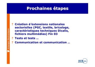 Prochaines étapes


                         ? Création d’extensions nationales
                           sectorielles (PGC, textile, bricolage,
Echanges électroniques




                           caractéristiques techniques Dicalis,
                           fichiers multimédias) Fin 03
                         ? Tests et tests …
                         ? Communication et communication …
 