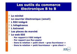 Les outils du commerce
                                   électronique B to B

                         ?   Le minitel
                         ?   Le courrier électronique (email)
                         ?   L’
                              EDI intégré
Echanges électroniques




                         ?   L’
                              infogérance
                         ?   L’
                              extranet
                         ?   Les places de marché
                         ?   Le web EDI
                             – Par rapport à l’
                                              EDI intégré
                             – Par rapport aux flux papier
                             – Dans la relation « petit client – gros fournisseur »
                             – Dans la relation « petit fournisseur – gros client »
 